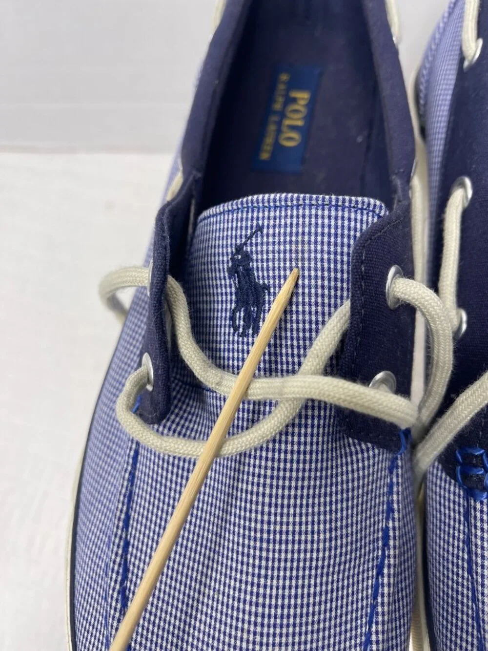 Polo Ralph Lauren Lander Mens Blue Gingham Canvas Lace-Up Boat Shoes SZ 10.5D